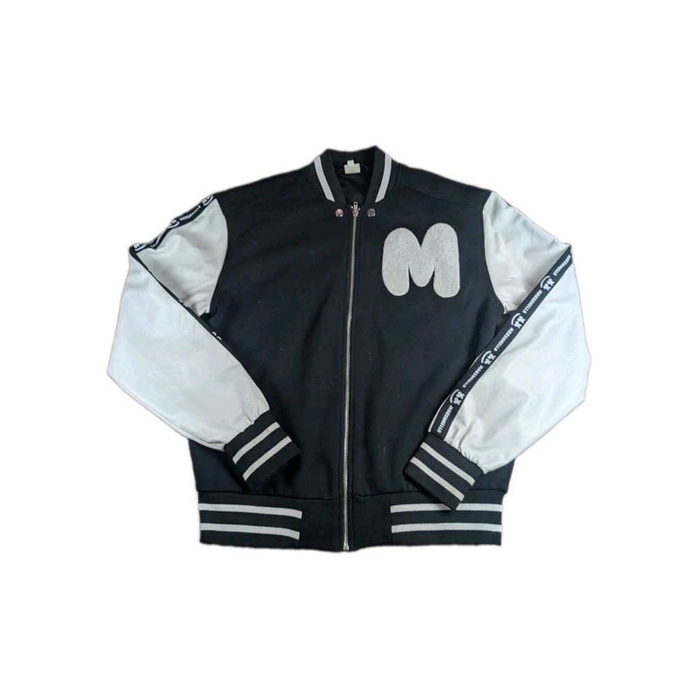 Marshmello Varsity Bomber Jacket Small Black White Faux Leather Zip Up Logo